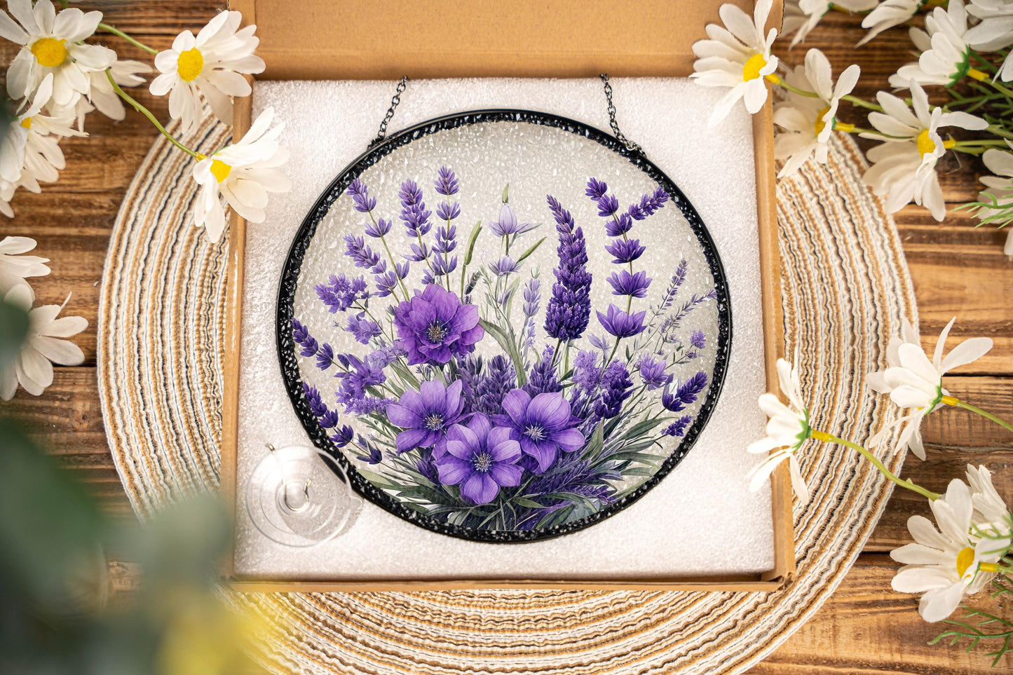Netecom Violet Flower Stained Glass Suncatcher, Window Hanging Floral Art, Garden Window Decor, Mother’s Day Gift for Mom Grandma