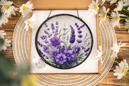 Netecom Violet Flower Stained Glass Suncatcher, Window Hanging Floral Art, Garden Window Decor, Mother’s Day Gift for Mom Grandma