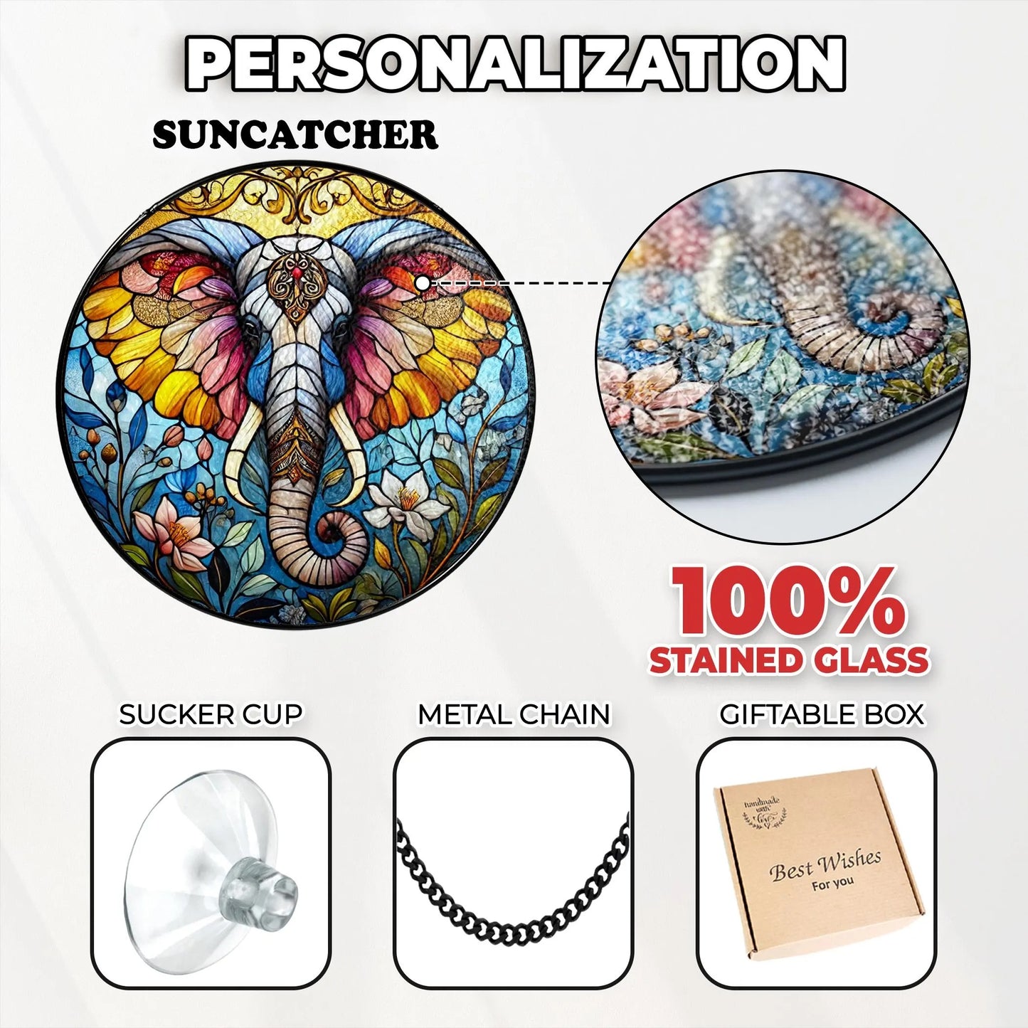 Netecom Elephant Stained Glass Suncatcher – Window Hanging Decor, Elephant Ornament Gift for Elephant Lovers, Nature and Animal Decor for Mom