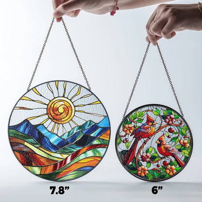 Netecom Mountain Range Stained Glass Suncatcher – Nature-Inspired Window Hanging, Sunrise and Sunset Decor for Home