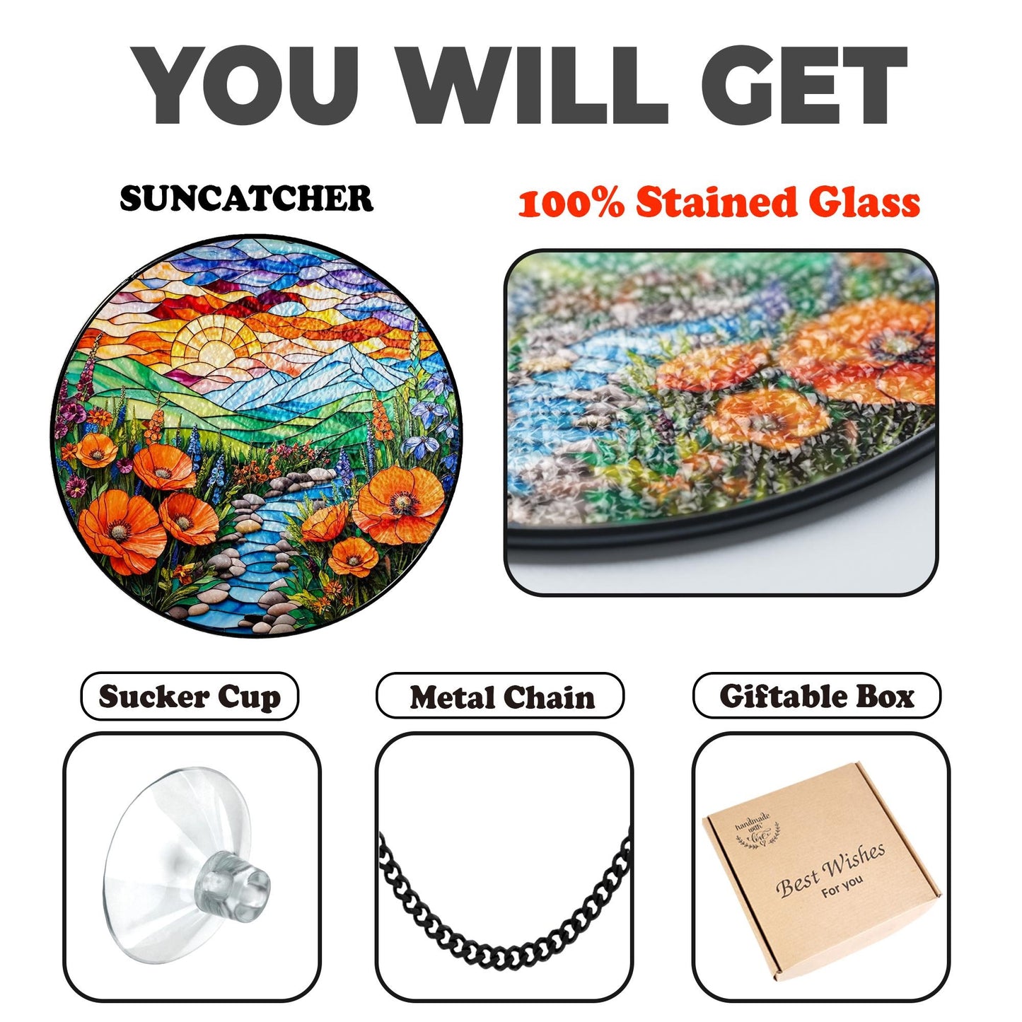 Netecom Mountain Wildflowers Stained Glass Suncatcher – Nature Poppy Flowers Window Hanging, Mother’s Day Gift for Mom Grandma Mama Nini Nana