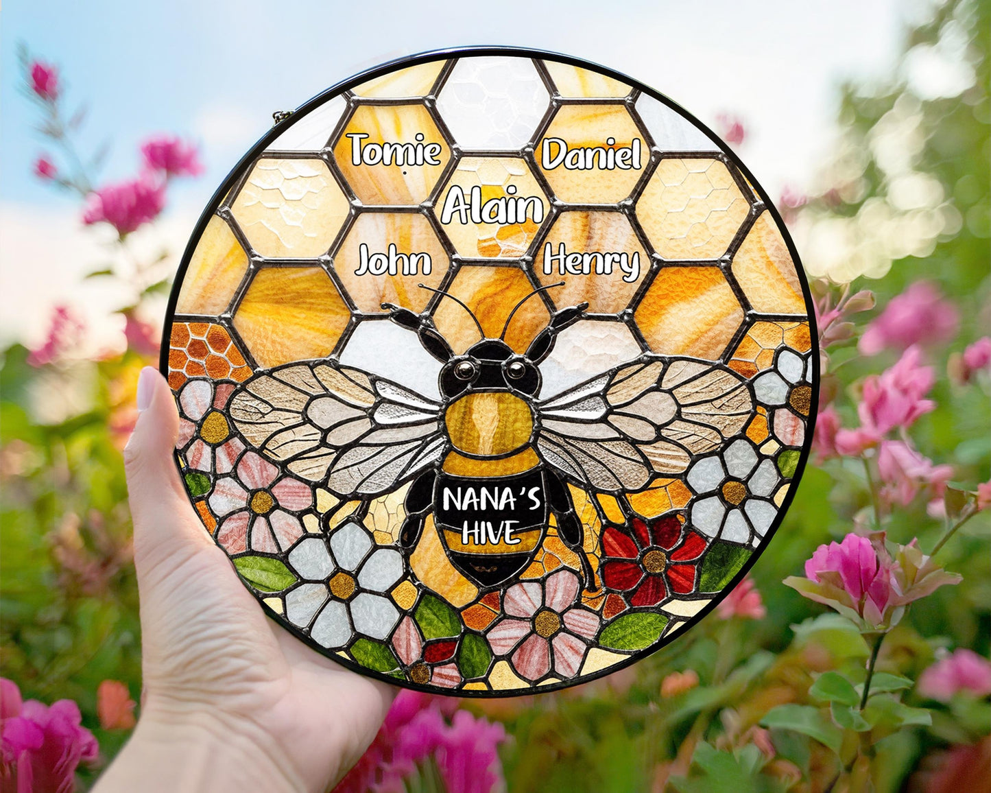 Netecom Personalized Grandma Garden Bee Stained Glass Suncatcher – Honeycomb Bee Window Hanging, Custom Kids Names, Mother’s Day Gift for Grandma and Garden Lovers