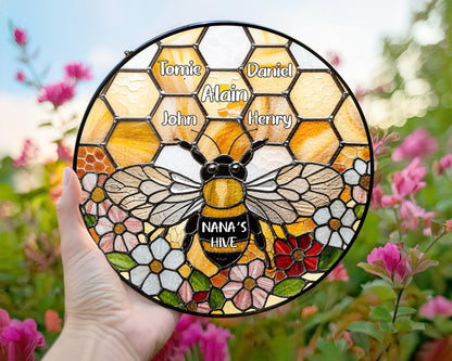 Netecom Personalized Grandma Garden Bee Stained Glass Suncatcher – Honeycomb Bee Window Hanging, Custom Kids Names, Mother’s Day Gift for Grandma and Garden Lovers