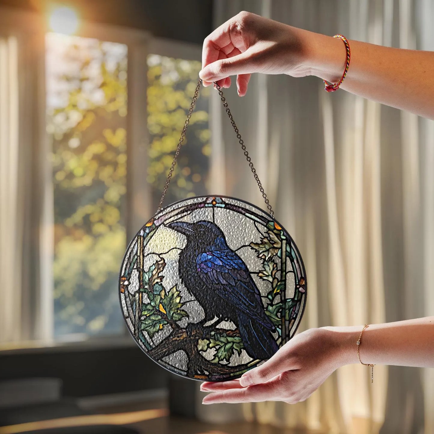 Netecom Raven Stained Glass Suncatcher – Gothic Crow and Dead Leaves Window Hanging, Dark Nature Decor for Garden, Housewarming Gift