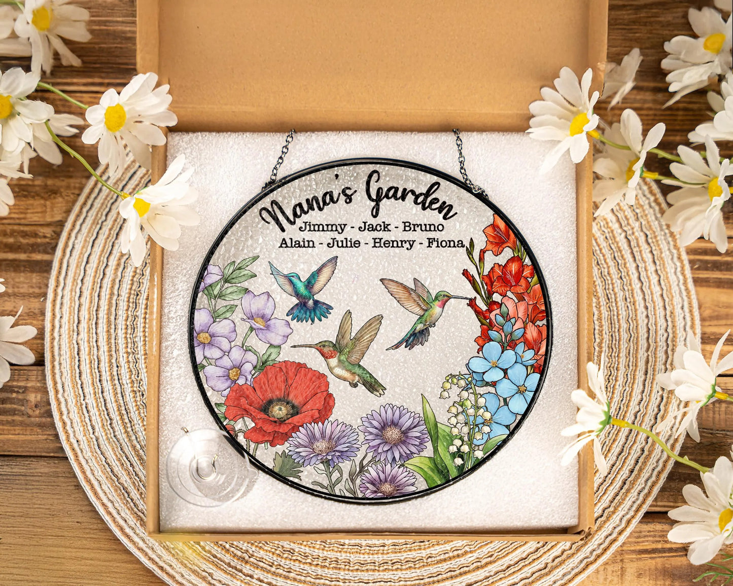 Netecom Personalized Grandma's Garden Gift – Hummingbird Stained Glass Suncatcher, Family Birth Flower, Mother’s Day Gift for Mom Grandma