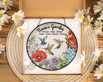 Netecom Personalized Grandma's Garden Gift – Hummingbird Stained Glass Suncatcher, Family Birth Flower, Mother’s Day Gift for Mom Grandma