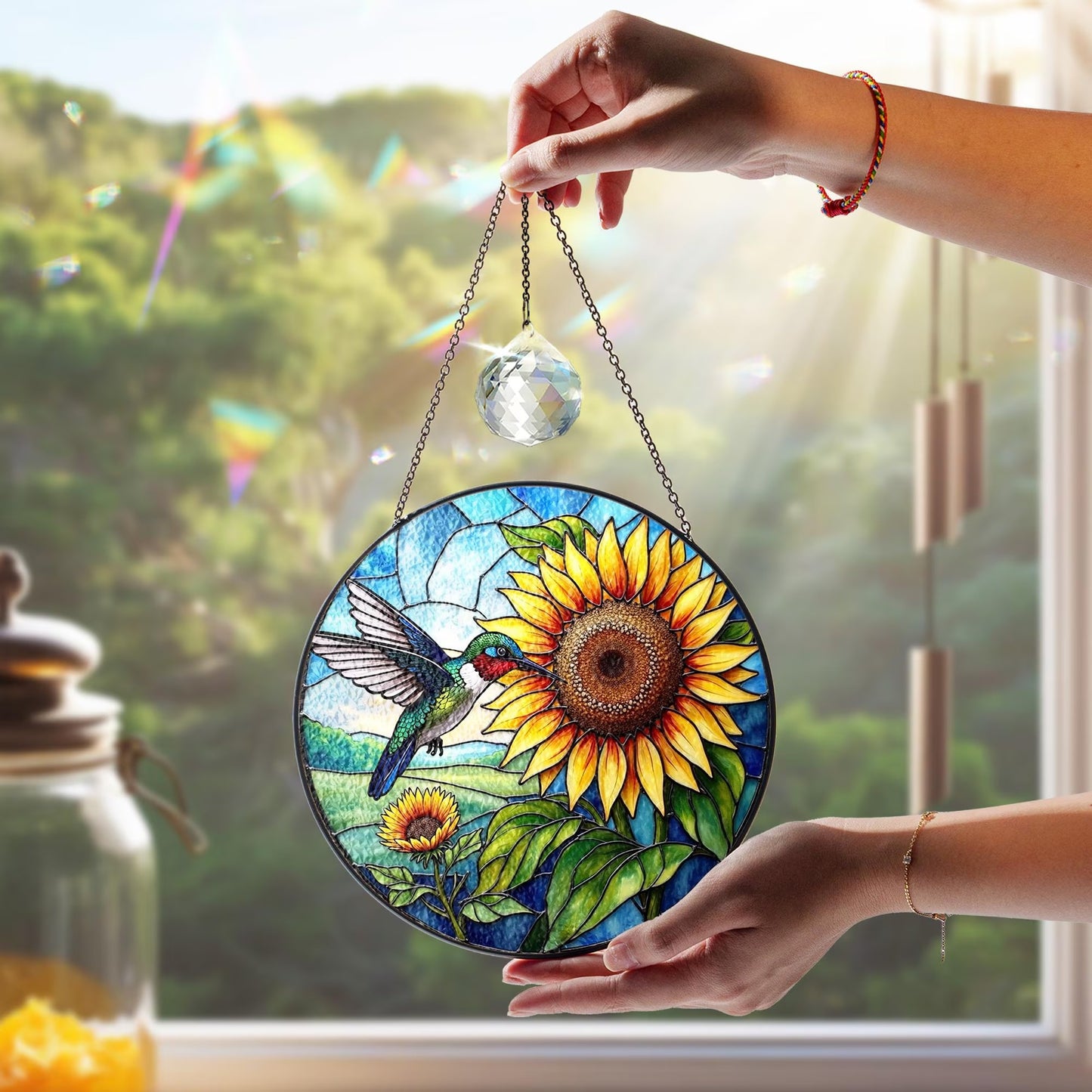 Netecom Hummingbird Sunflower Stained Glass Suncatcher – Window Hanging Bird Ornament and Sympathy Gift for Mom, Indoor Decor, Memory Keepsake