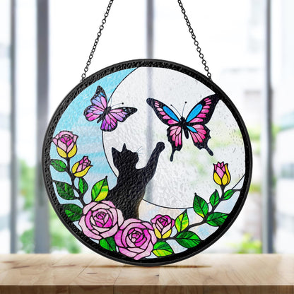 Netecom Cat Stained Glass Butterfly on Moon Suncatcher – Black Cat Memorial Gift, Cat Lover Gift, Pet Loss Suncatcher, Unique Cat Decor for Home and Window