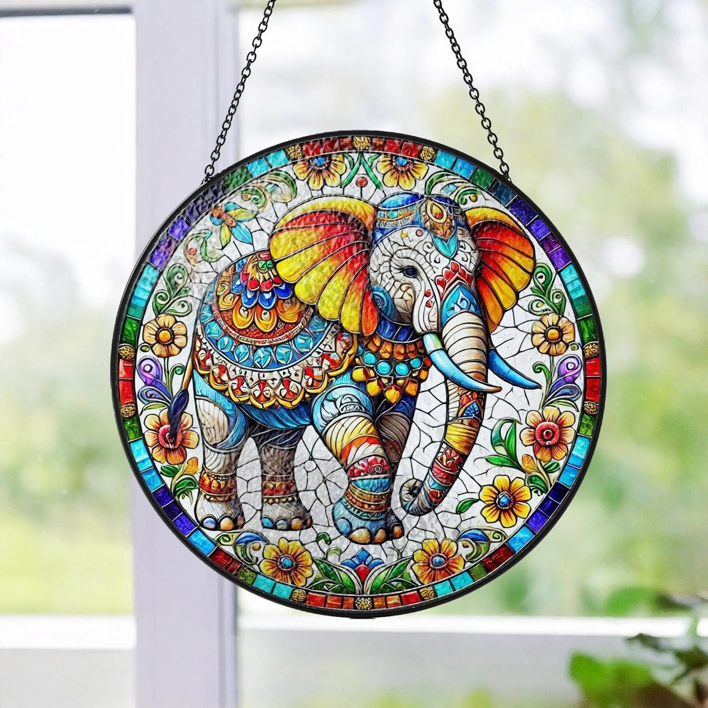 Netecom Elephant Stained Glass Suncatcher – Mandala Elephant Window Hanging Decor, Nature Animal Art, Gift for Elephant Lovers, Mom and Friends
