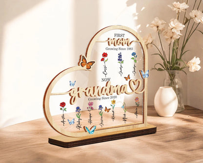 Netecom Grandma’s Garden Wooden Heart Frame Birth Month Flower Sign First Mom Now Grandma Gift Mother’s Day Keepsake