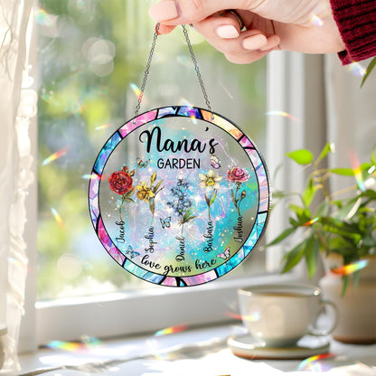 Netecom Personalized Mother’s Day Gift for Grandma – Grandma's Garden Hologram Suncatcher, Custom Birth Flower Crystal Window Hanging