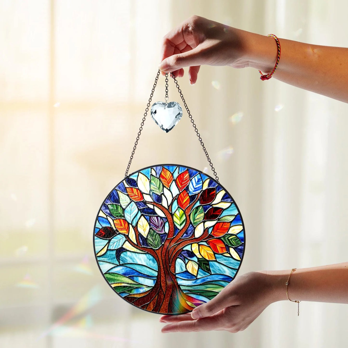 Netecom Personalized Tree of Life Stained Glass Suncatcher, Custom Window Hanging, Crystal Sun Catcher Home Decor Gift, Spiritual Glass Ornament