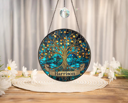 Netecom Personalized Tree of Life Stained Glass Suncatcher – Family Tree Window Hanging, Home Decor, Memorial Gift for Mom Grandma Family