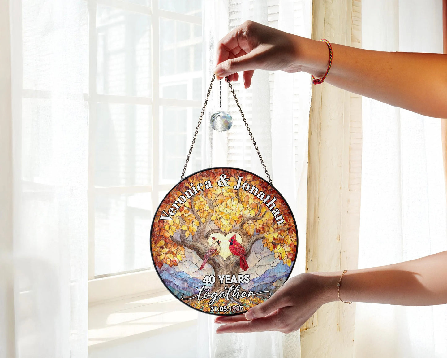 Netecom Custom 40th Anniversary Stained Glass Suncatcher – Personalized Ruby Anniversary Gift, Cardinal Bird Window Hanging, Wedding Anniversary Keepsake for Parents or Couple