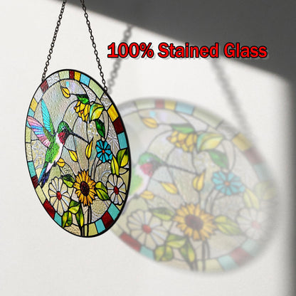 Netecom Hummingbird Sunflower Stained Glass Suncatcher – Window Hanging Bird Ornament and Sympathy Gift for Mom, Nature-Inspired Indoor Decor