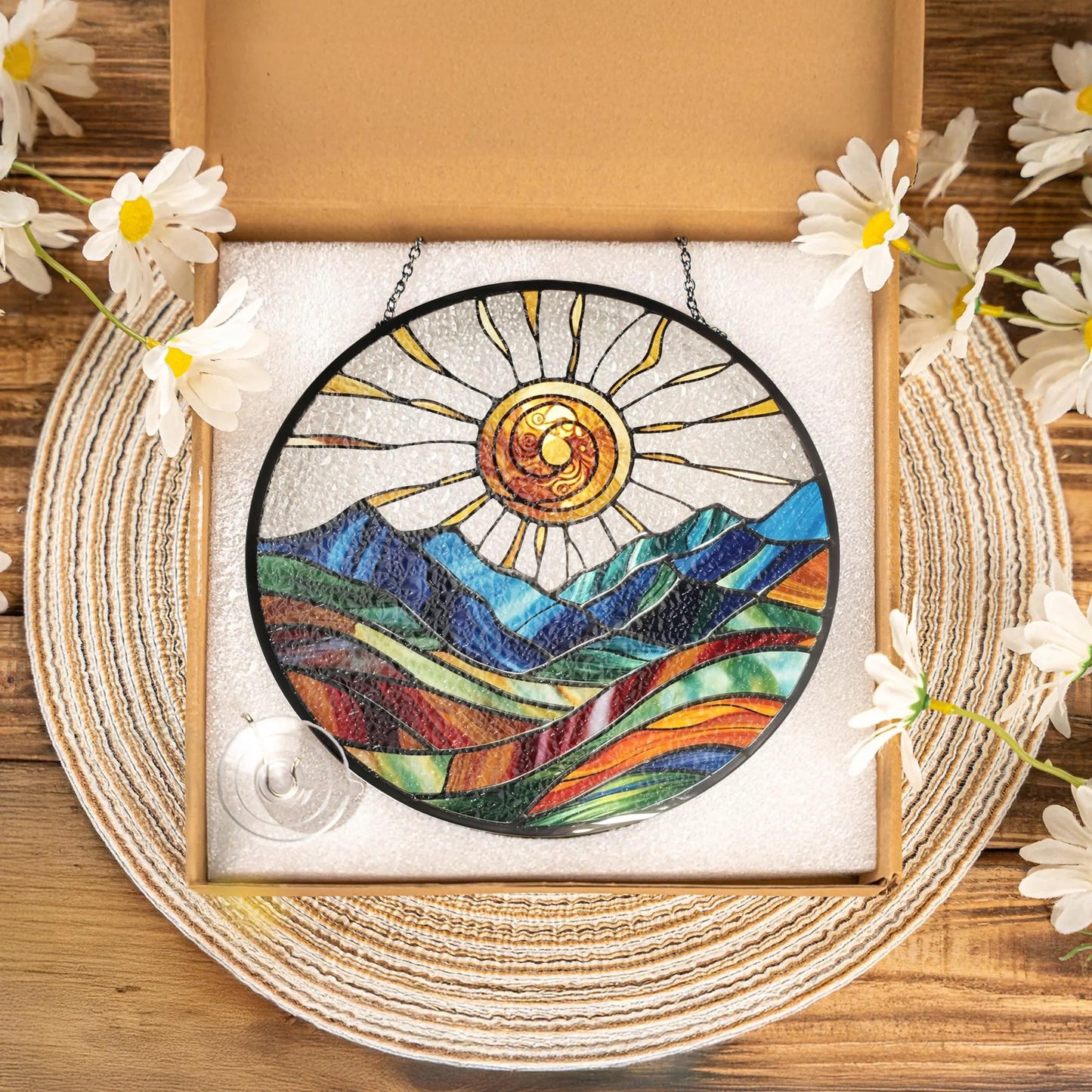 Netecom Mountain Range Stained Glass Suncatcher – Nature-Inspired Window Hanging, Sunrise and Sunset Decor for Home