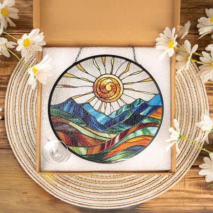 Netecom Mountain Range Stained Glass Suncatcher – Nature-Inspired Window Hanging, Sunrise and Sunset Decor for Home