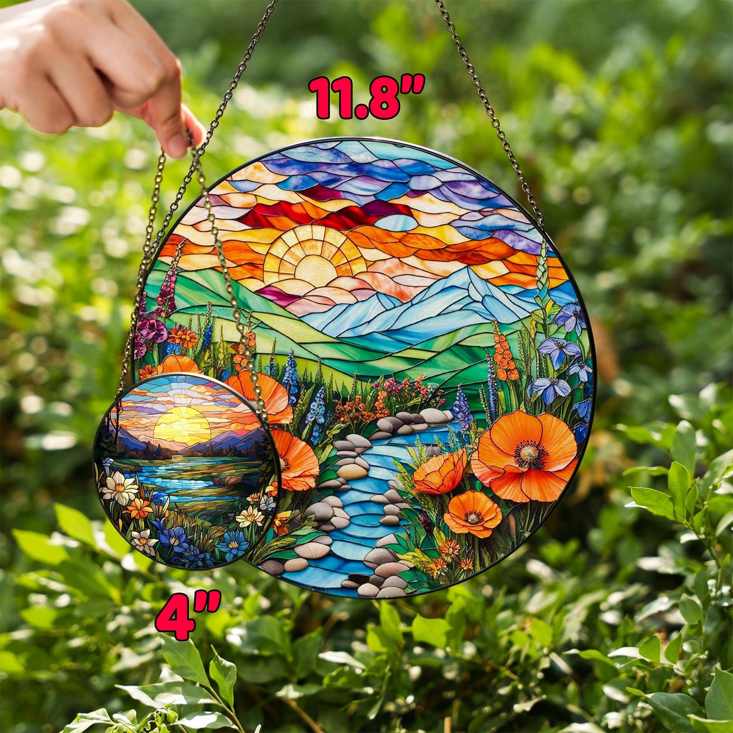Netecom Mountain Wildflowers Stained Glass Suncatcher – Nature Poppy Flowers Window Hanging, Mother’s Day Gift for Mom Grandma Mama Nini Nana