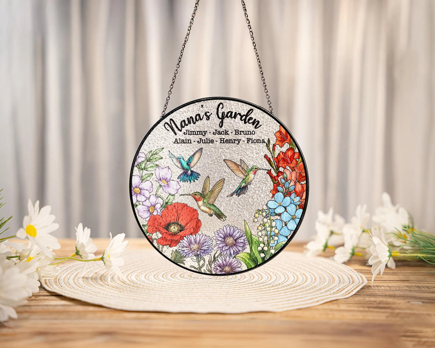 Netecom Personalized Grandma's Garden Gift – Hummingbird Stained Glass Suncatcher, Family Birth Flower, Mother’s Day Gift for Mom Grandma