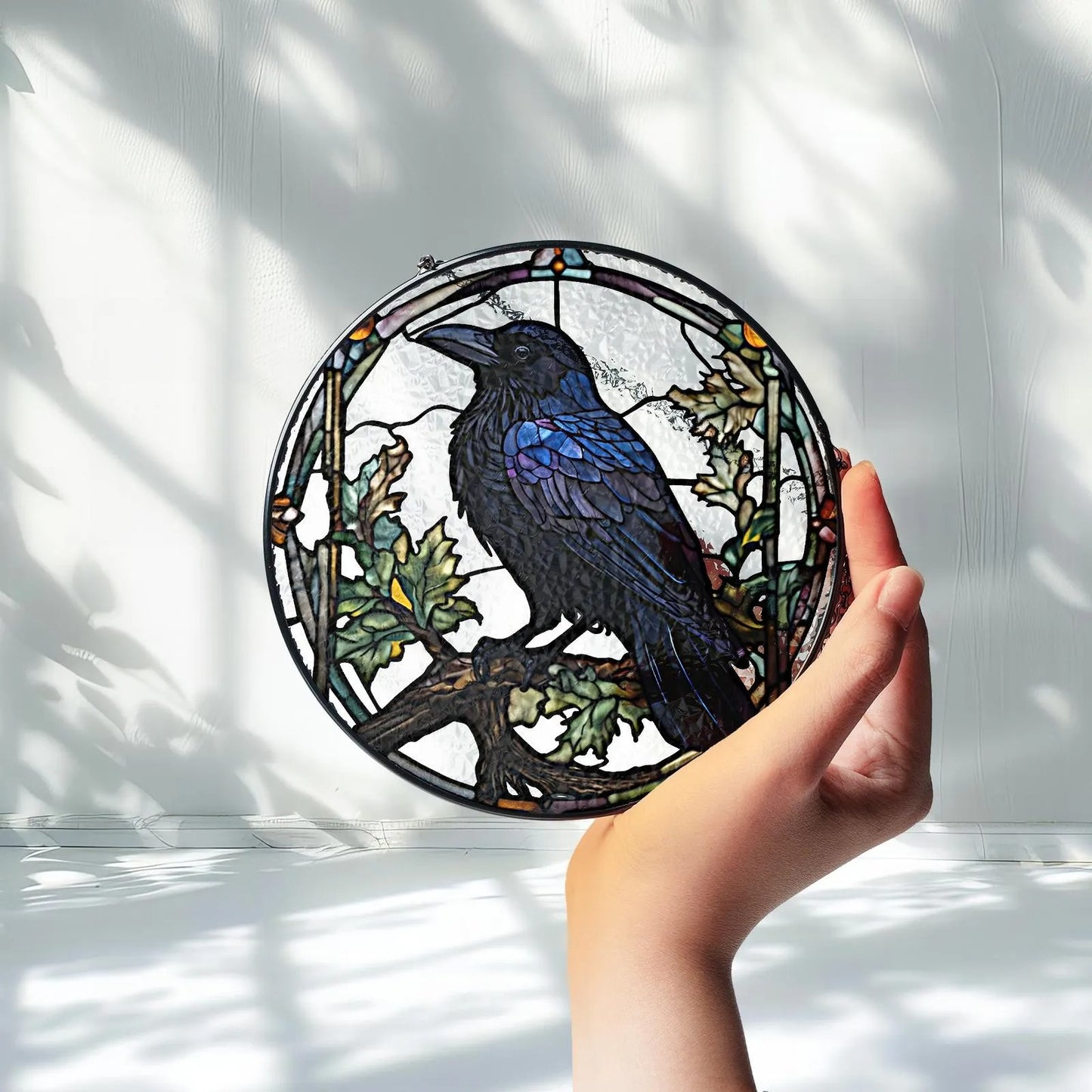 Netecom Raven Stained Glass Suncatcher – Gothic Crow and Dead Leaves Window Hanging, Dark Nature Decor for Garden, Housewarming Gift