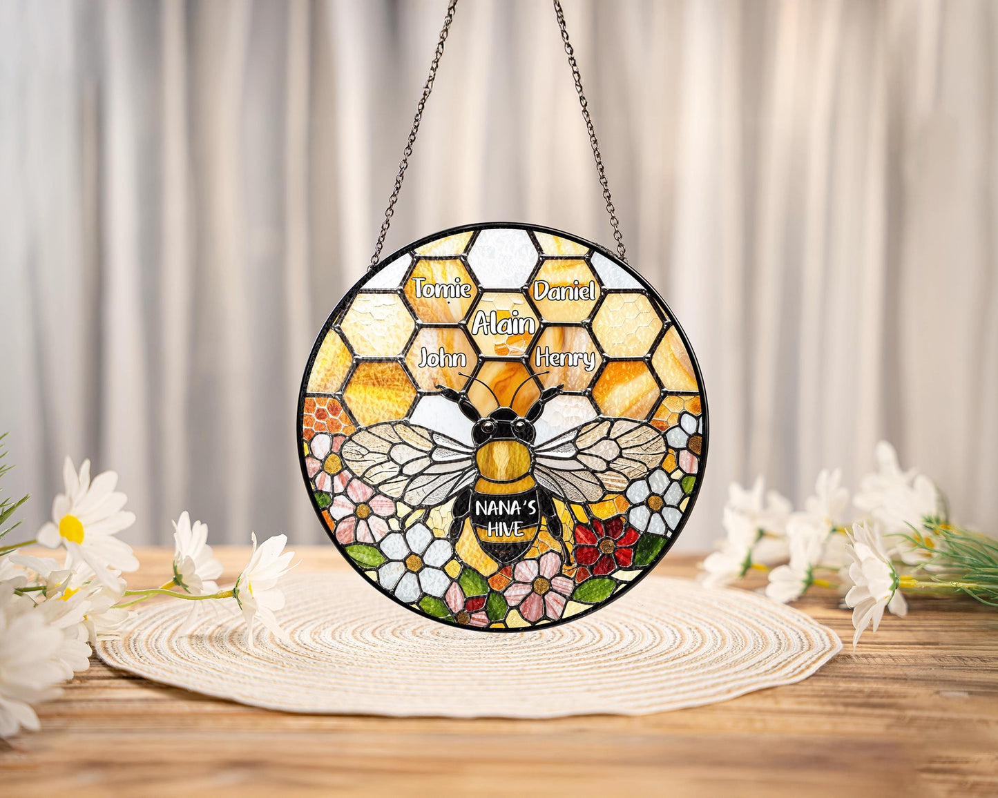 Netecom Personalized Grandma Garden Bee Stained Glass Suncatcher – Honeycomb Bee Window Hanging, Custom Kids Names, Mother’s Day Gift for Grandma and Garden Lovers