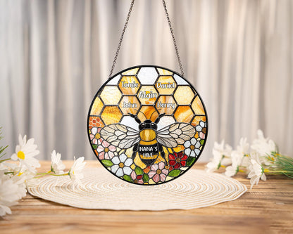 Netecom Personalized Grandma Garden Bee Stained Glass Suncatcher – Honeycomb Bee Window Hanging, Custom Kids Names, Mother’s Day Gift for Grandma and Garden Lovers
