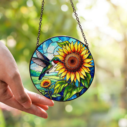 Netecom Hummingbird Sunflower Stained Glass Suncatcher – Window Hanging Bird Ornament and Sympathy Gift for Mom, Indoor Decor, Memory Keepsake
