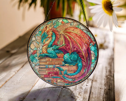 Netecom Fantasy Dragon Book Stained Glass Suncatcher – Magical Window Hanging for Book Lovers, Fantasy Fans, Book Clubs