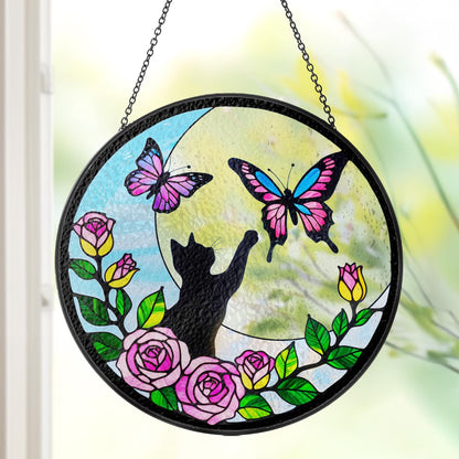 Netecom Cat Stained Glass Butterfly on Moon Suncatcher – Black Cat Memorial Gift, Cat Lover Gift, Pet Loss Suncatcher, Unique Cat Decor for Home and Window