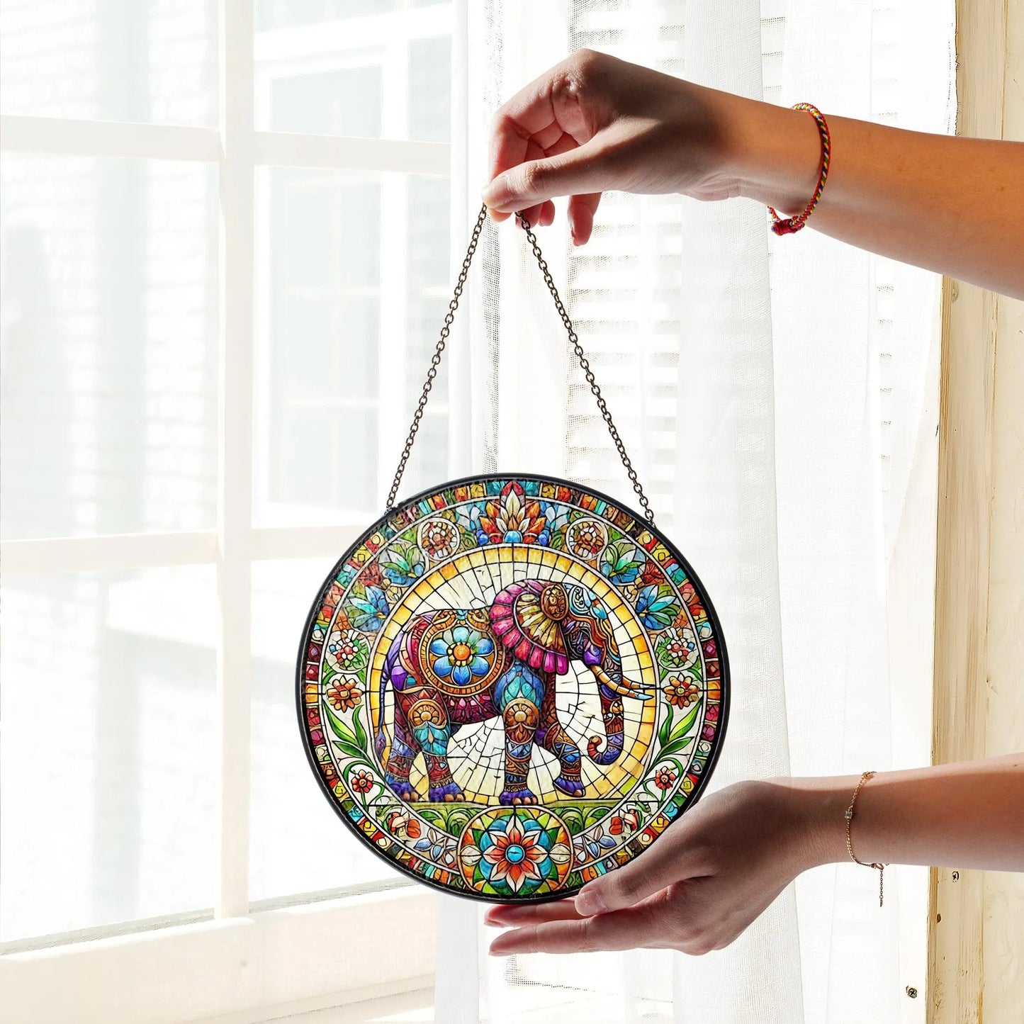 Netecom Elephant Stained Glass Suncatcher – Mandala Elephant Window Hanging Decor, Nature Animal Art, Gift for Elephant Lovers, Mom and Friends