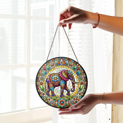 Netecom Elephant Stained Glass Suncatcher – Mandala Elephant Window Hanging Decor, Nature Animal Art, Gift for Elephant Lovers, Mom and Friends