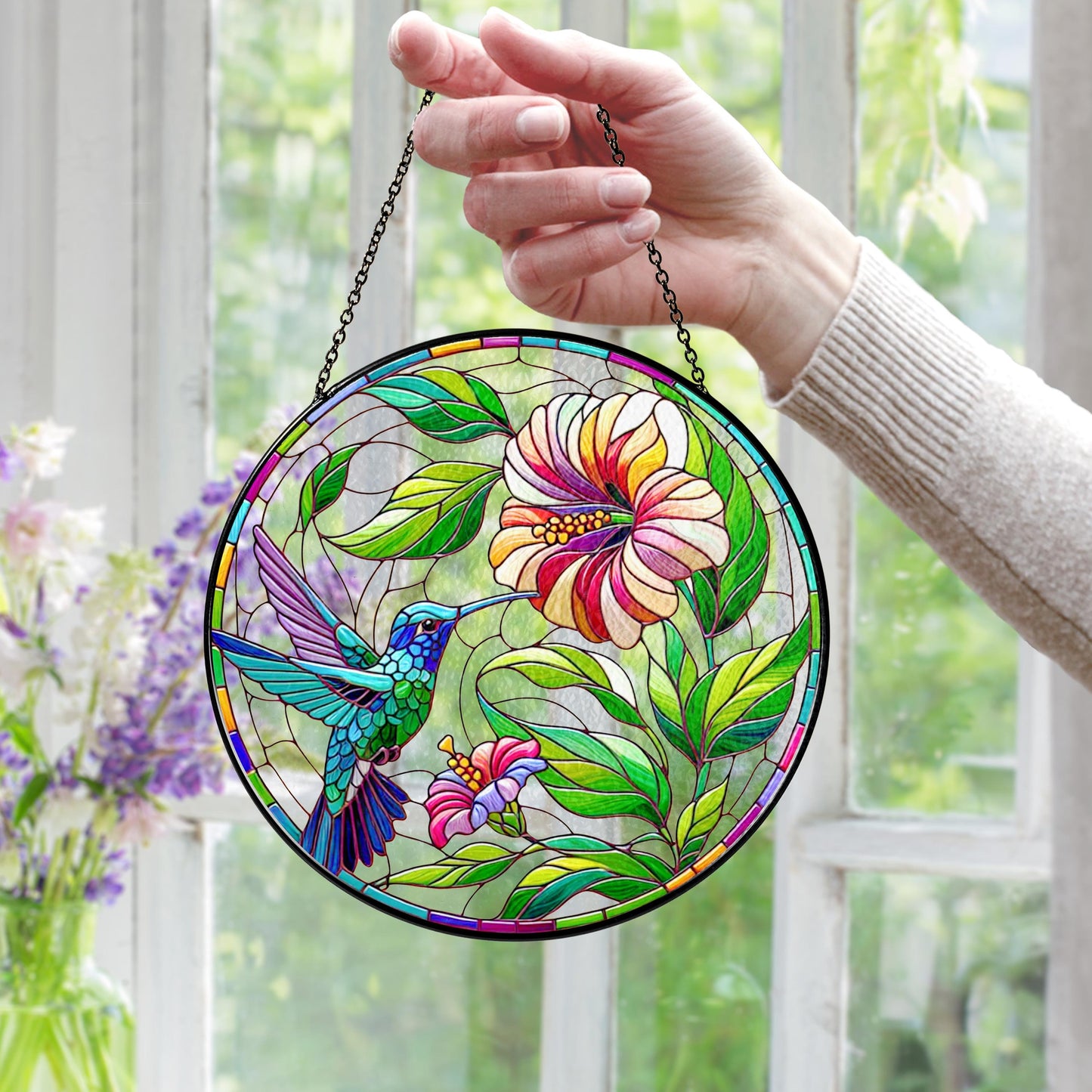 Netecom Hummingbird Stained Glass Suncatcher – Poppy Flower Window Hanging, Bird Lover Gift for Mom Grandma, Acrylic and Glass Home Decor