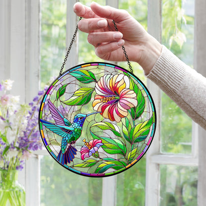 Netecom Hummingbird Stained Glass Suncatcher – Poppy Flower Window Hanging, Bird Lover Gift for Mom Grandma, Acrylic and Glass Home Decor