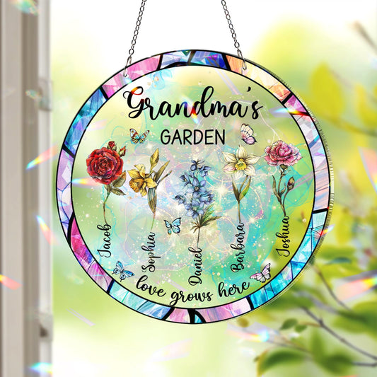 Netecom Personalized Mother’s Day Gift for Grandma – Grandma's Garden Hologram Suncatcher, Custom Birth Flower Crystal Window Hanging