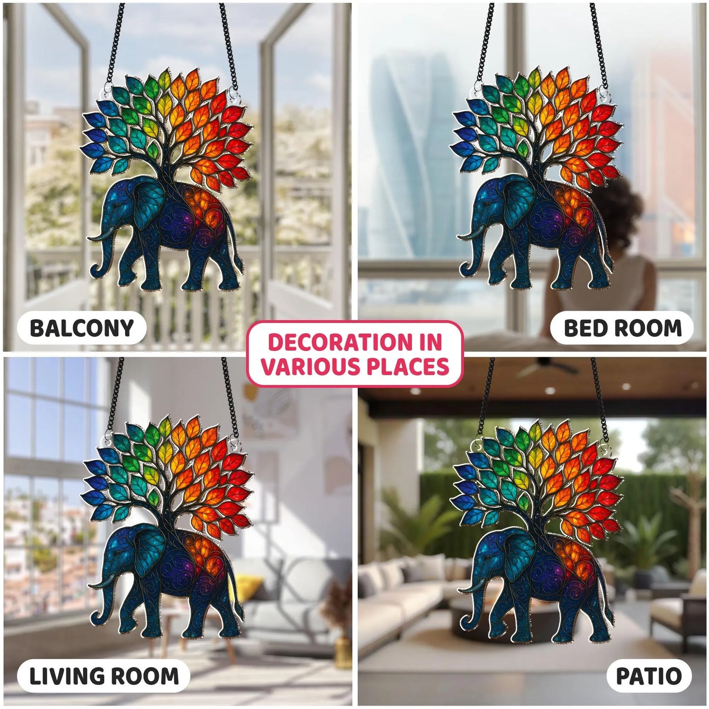 Netecom Elephant and Tree Acrylic Suncatcher – Elephant Window Decor, Home Wall Art, Gift for Elephant Lovers, Mom & Dad Gift