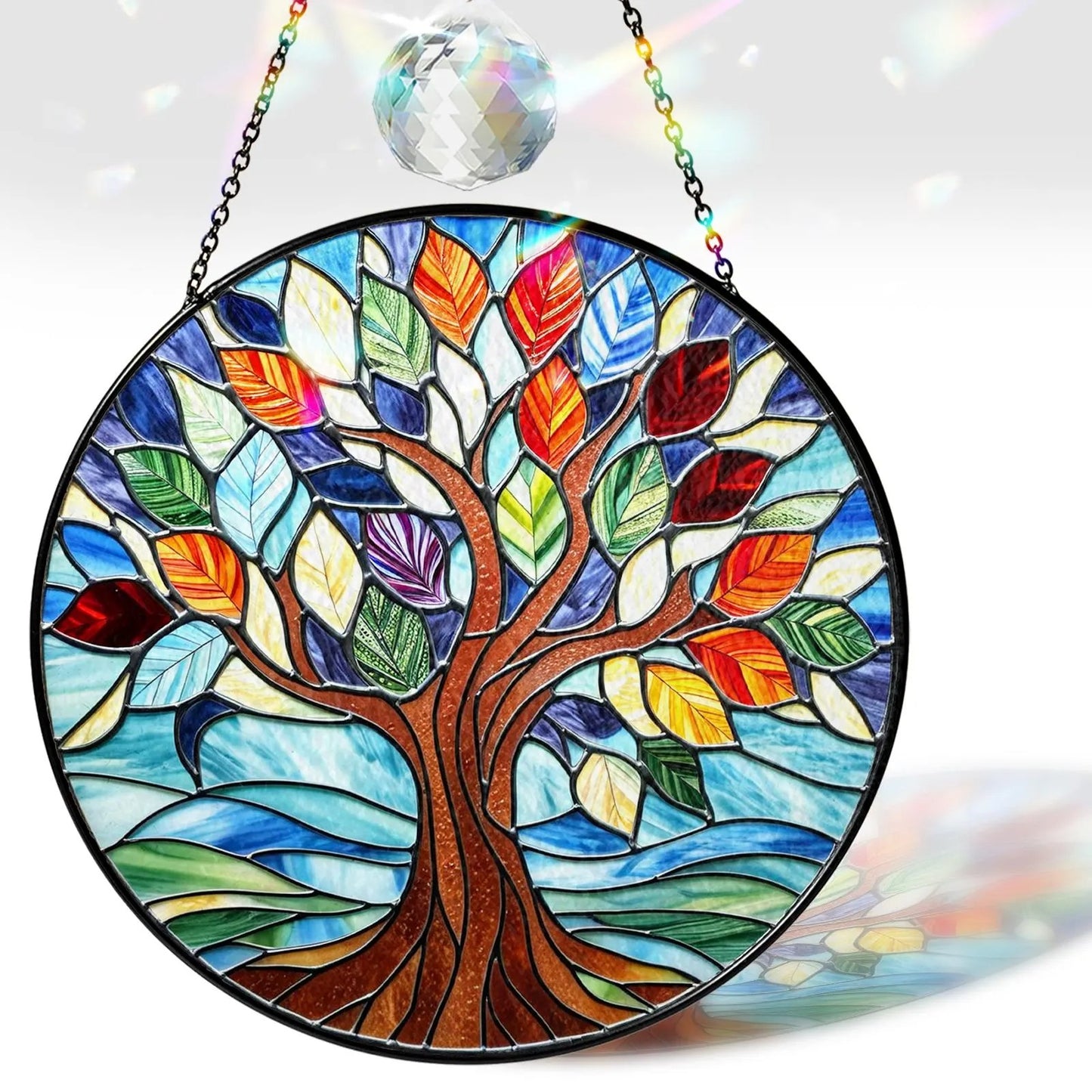 Netecom Personalized Tree of Life Stained Glass Suncatcher, Custom Window Hanging, Crystal Sun Catcher Home Decor Gift, Spiritual Glass Ornament