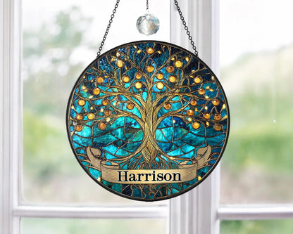 Netecom Personalized Tree of Life Stained Glass Suncatcher – Family Tree Window Hanging, Home Decor, Memorial Gift for Mom Grandma Family