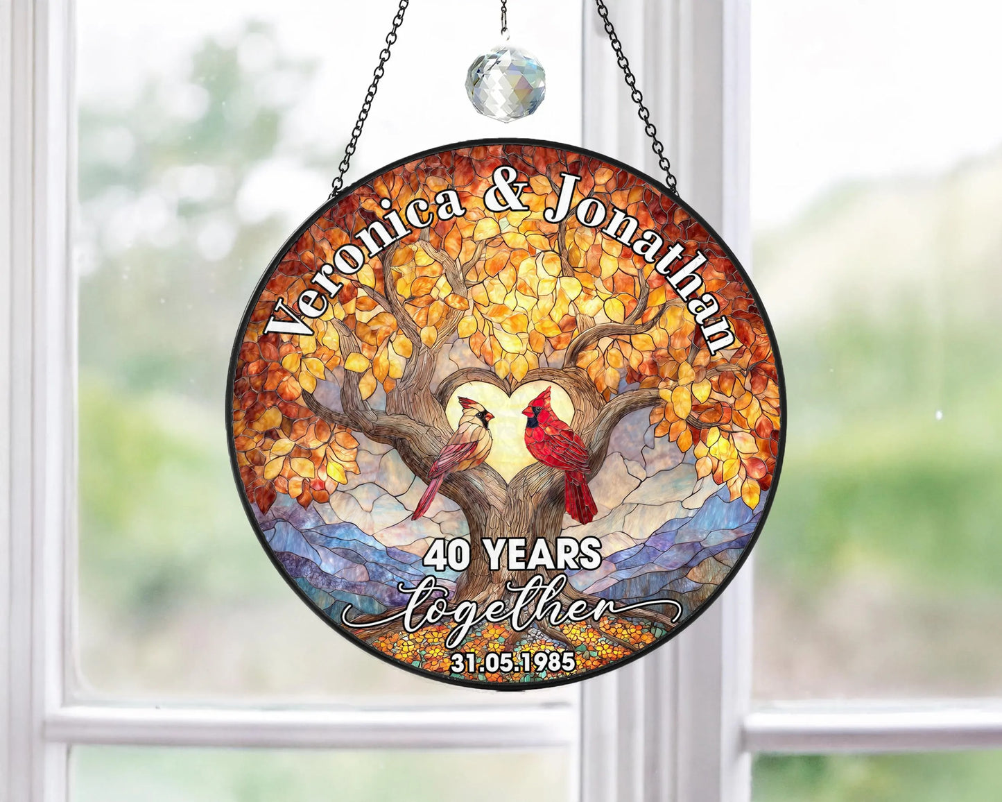 Netecom Custom 40th Anniversary Stained Glass Suncatcher – Personalized Ruby Anniversary Gift, Cardinal Bird Window Hanging, Wedding Anniversary Keepsake for Parents or Couple