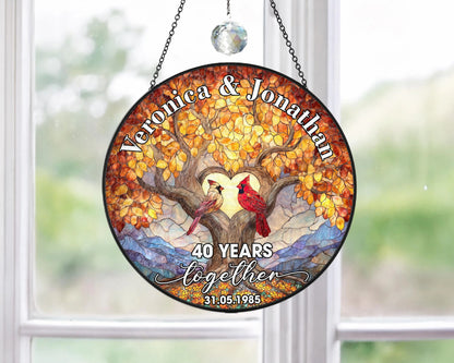 Netecom Custom 40th Anniversary Stained Glass Suncatcher – Personalized Ruby Anniversary Gift, Cardinal Bird Window Hanging, Wedding Anniversary Keepsake for Parents or Couple
