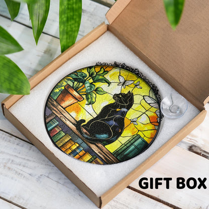Netecom Black Cat Crystal Stained Glass Suncatcher – Elegant Window Hanging, Unique Cat Lover Gift, Artistic Home Decor, Mother’s Day and Birthday Gift