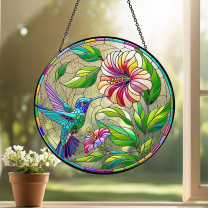 Netecom Hummingbird Stained Glass Suncatcher – Poppy Flower Window Hanging, Bird Lover Gift for Mom Grandma, Acrylic and Glass Home Decor