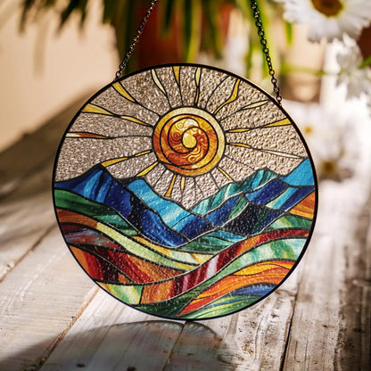 Netecom Mountain Range Stained Glass Suncatcher – Nature-Inspired Window Hanging, Sunrise and Sunset Decor for Home