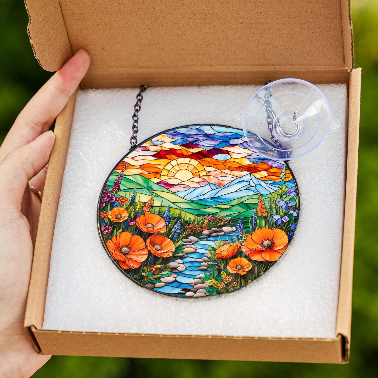 Netecom Mountain Wildflowers Stained Glass Suncatcher – Nature Poppy Flowers Window Hanging, Mother’s Day Gift for Mom Grandma Mama Nini Nana