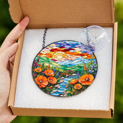 Netecom Mountain Wildflowers Stained Glass Suncatcher – Nature Poppy Flowers Window Hanging, Mother’s Day Gift for Mom Grandma Mama Nini Nana