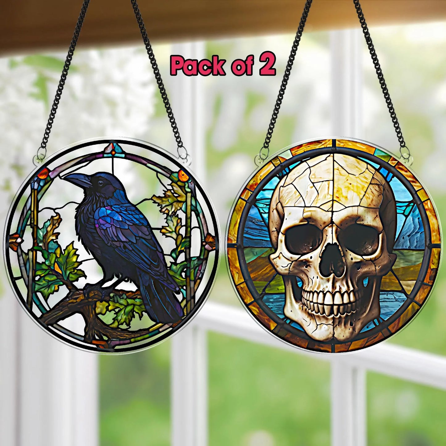 Netecom Raven Stained Glass Suncatcher – Gothic Crow and Dead Leaves Window Hanging, Dark Nature Decor for Garden, Housewarming Gift