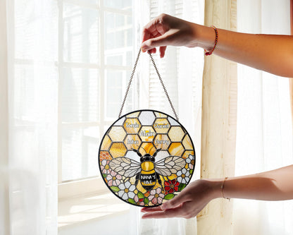 Netecom Personalized Grandma Garden Bee Stained Glass Suncatcher – Honeycomb Bee Window Hanging, Custom Kids Names, Mother’s Day Gift for Grandma and Garden Lovers
