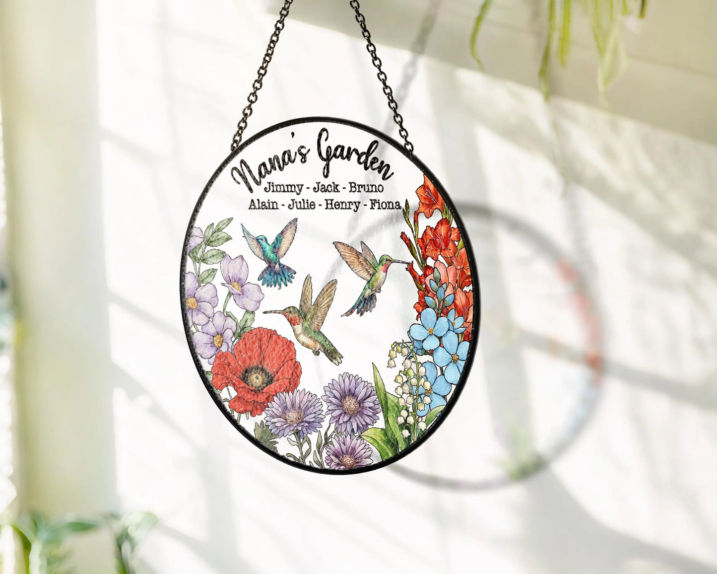 Netecom Personalized Grandma's Garden Gift – Hummingbird Stained Glass Suncatcher, Family Birth Flower, Mother’s Day Gift for Mom Grandma
