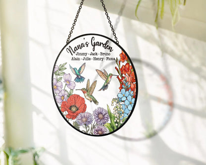 Netecom Personalized Grandma's Garden Gift – Hummingbird Stained Glass Suncatcher, Family Birth Flower, Mother’s Day Gift for Mom Grandma
