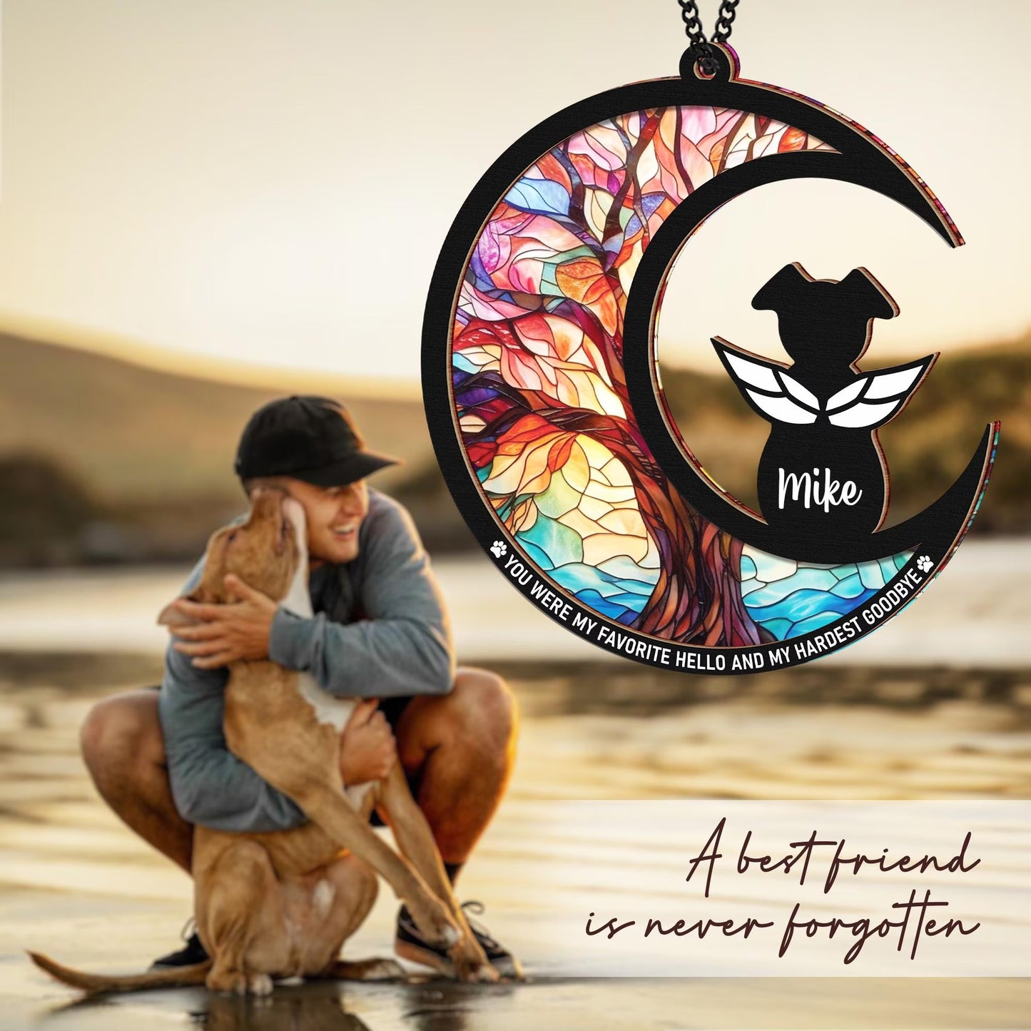 Netecom Personalized Dog Memorial Suncatcher Gift Set – Pet Loss Ornament, Sympathy Keychain and Card, You Were My Favorite Hello Remembrance Gift
