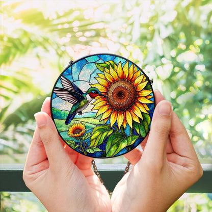 Netecom Hummingbird Sunflower Stained Glass Suncatcher – Window Hanging Bird Ornament and Sympathy Gift for Mom, Indoor Decor, Memory Keepsake
